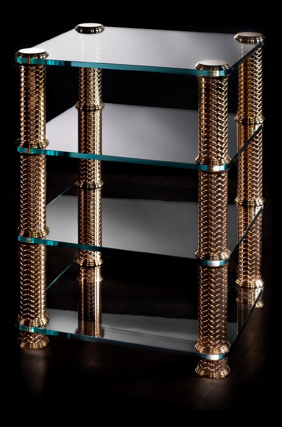 The Cosmotron equipment stand is made from the same bronze as the speakers, for a perfect colour match, combined with 19mm toughened glass.